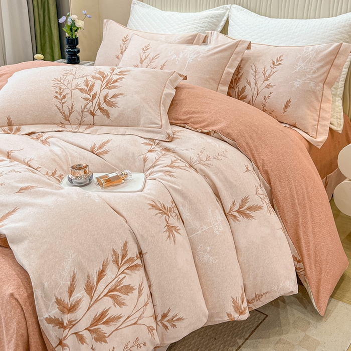 91家纺网 家纺一手货源 找家纺 凌鼎 2025新款100%全棉磨毛四件套数码印花加厚纯棉磨毛四件套 叶初开-咖