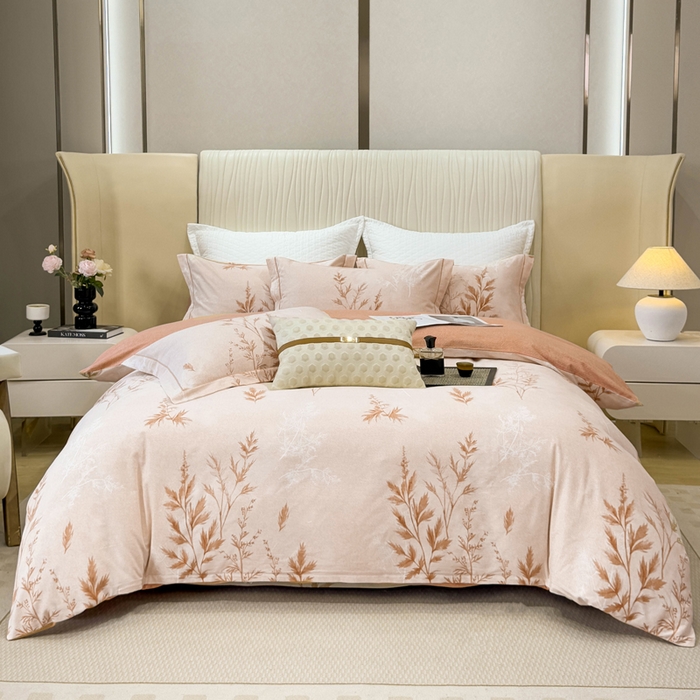 91家纺网 家纺一手货源 找家纺 凌鼎 2025新款100%全棉磨毛四件套数码印花加厚纯棉磨毛四件套 叶初开-咖