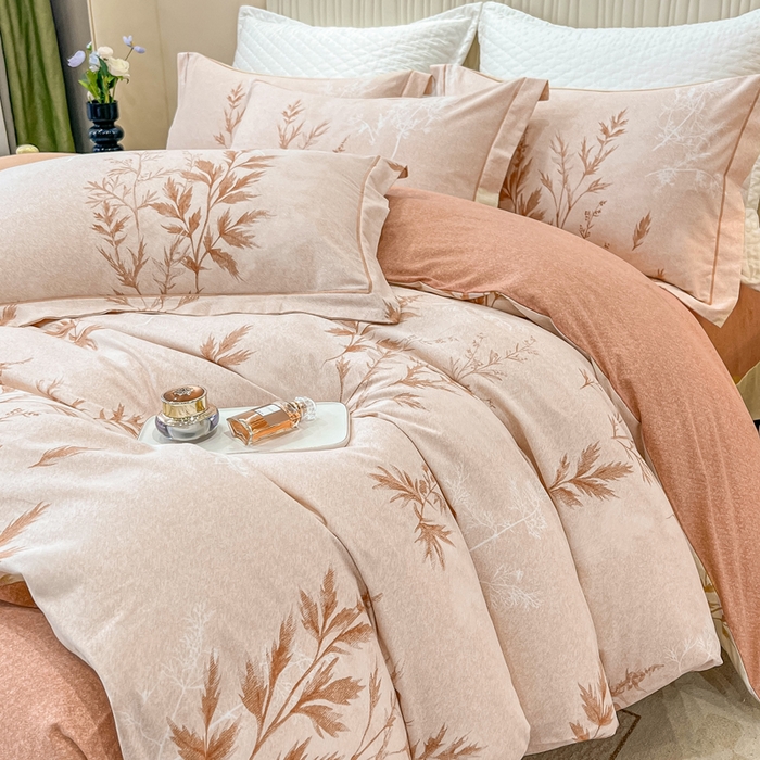 91家纺网 家纺一手货源 找家纺 凌鼎 2025新款100%全棉磨毛四件套数码印花加厚纯棉磨毛四件套 叶初开-咖