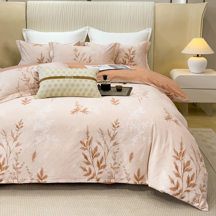 91家纺网 家纺一手货源 找家纺 凌鼎 2025新款100%全棉磨毛四件套数码印花加厚纯棉磨毛四件套 叶初开-咖