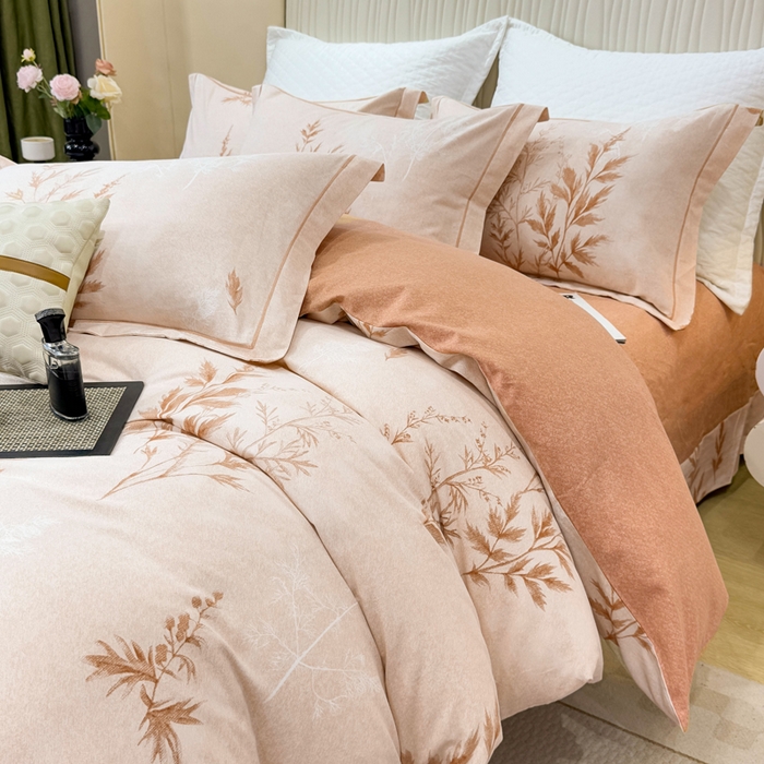 91家纺网 家纺一手货源 找家纺 凌鼎 2025新款100%全棉磨毛四件套数码印花加厚纯棉磨毛四件套 叶初开-咖