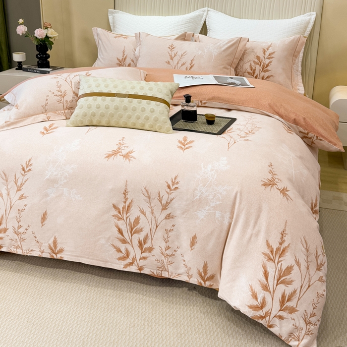 91家纺网 家纺一手货源 找家纺 凌鼎 2025新款100%全棉磨毛四件套数码印花加厚纯棉磨毛四件套 叶初开-咖