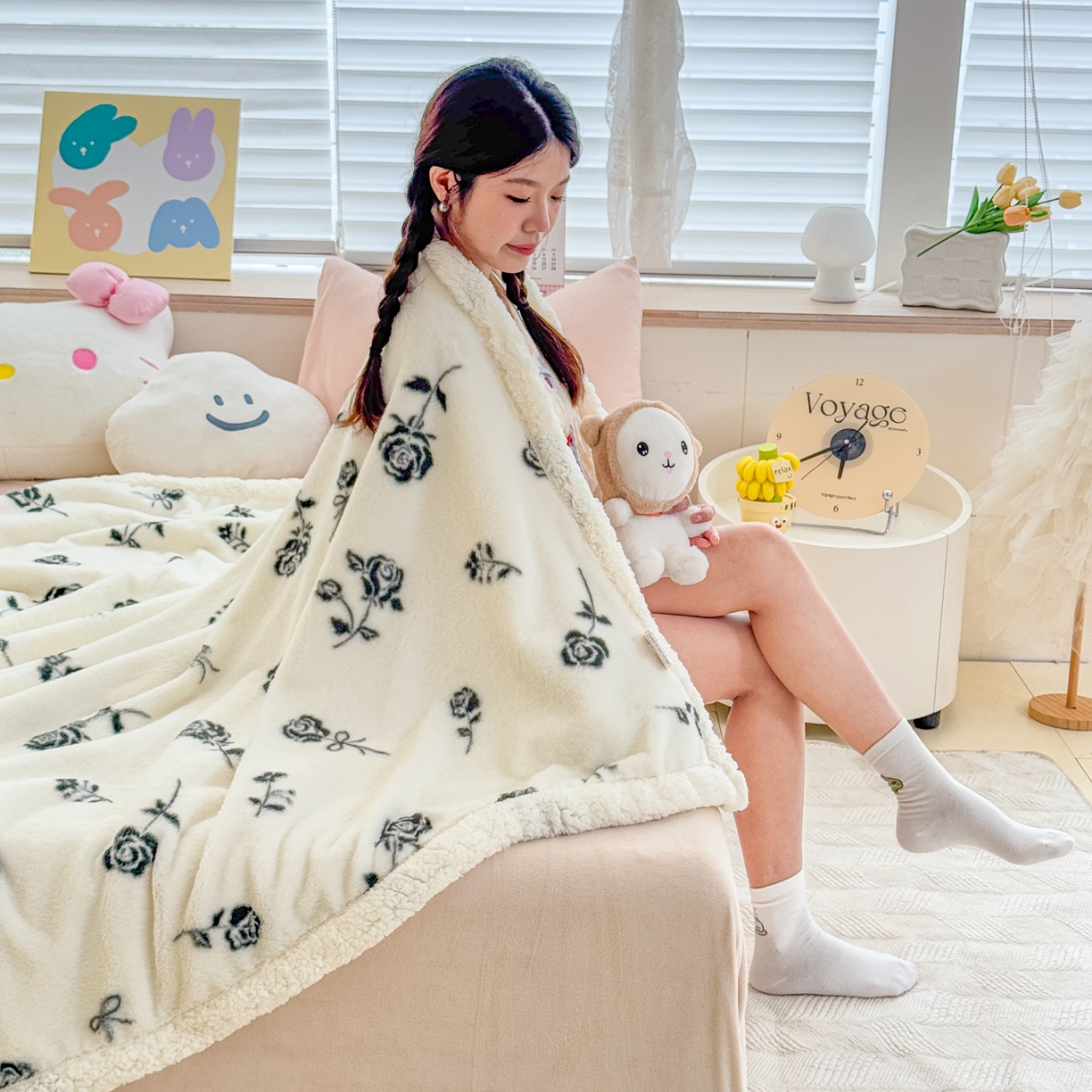 91家纺网 家纺一手货源 找家纺 KA家纺 2025新款兔毛绒毛毯 印花牛奶绒盖毯 多功能被套毯 兔绒毯 玫瑰物语