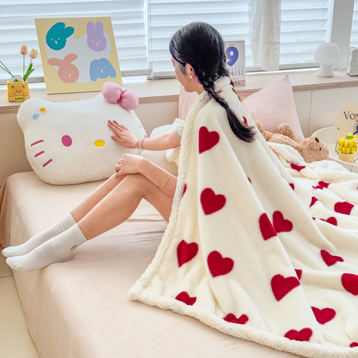 91家纺网 家纺一手货源 找家纺 KA家纺 2025新款兔毛绒毛毯 印花牛奶绒盖毯 多功能被套毯 兔绒毯 心心相印