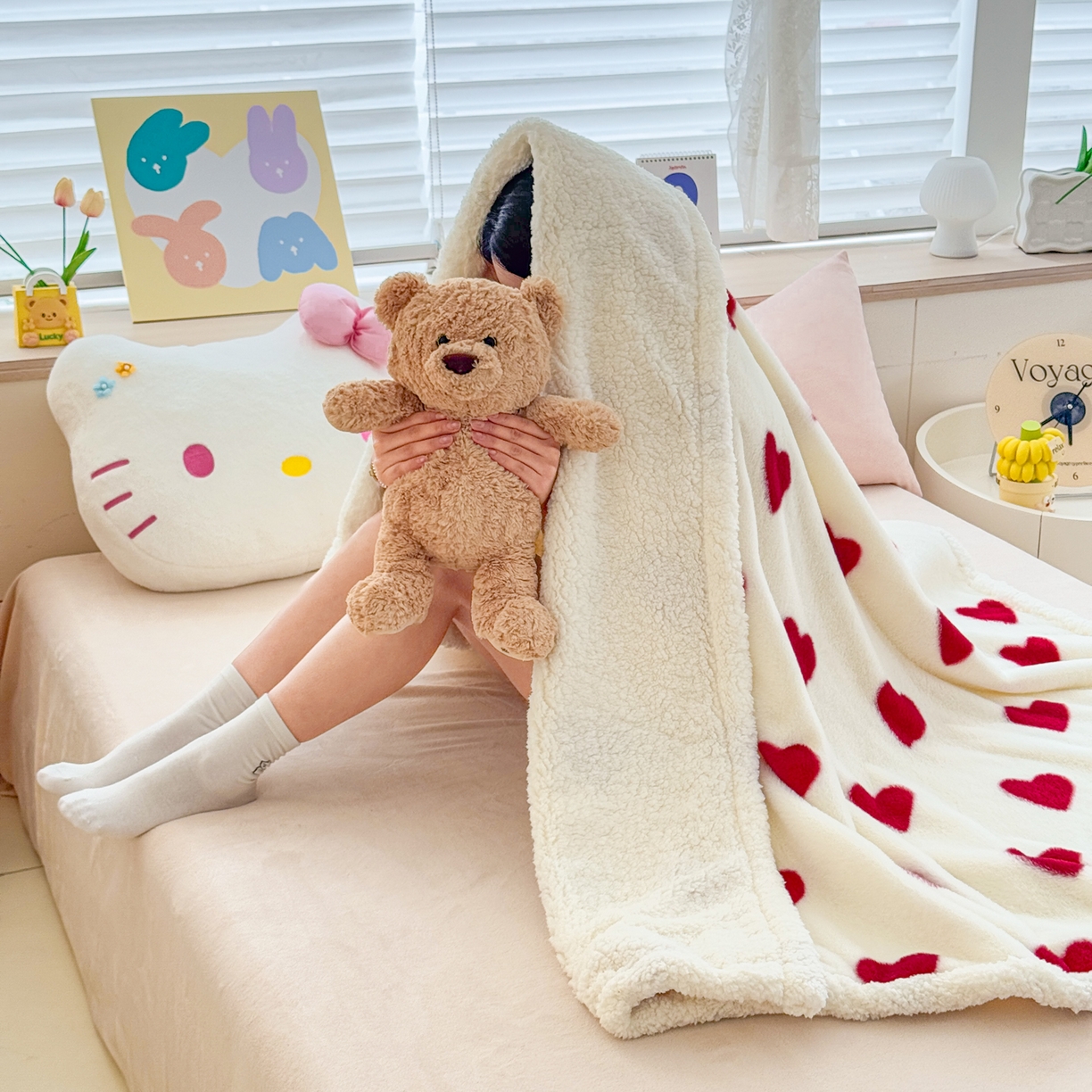 91家纺网 家纺一手货源 找家纺 KA家纺 2025新款兔毛绒毛毯 印花牛奶绒盖毯 多功能被套毯 兔绒毯 心心相印