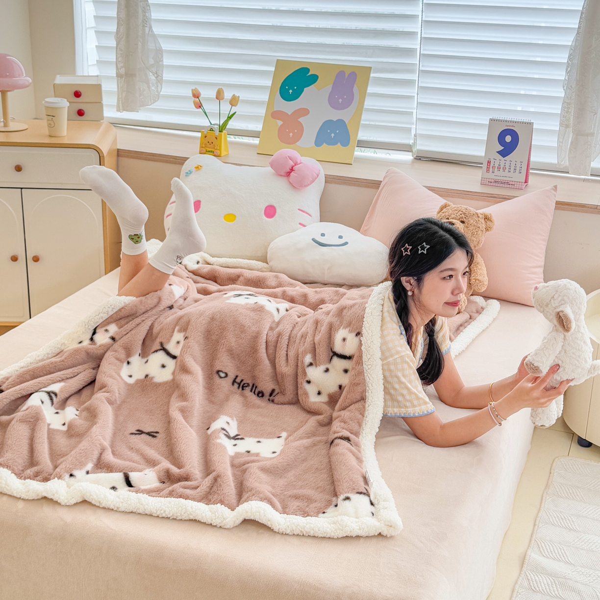 91家纺网 家纺一手货源 找家纺 KA家纺 2025新款兔毛绒毛毯 印花牛奶绒盖毯 多功能被套毯 兔绒毯 斑点狗