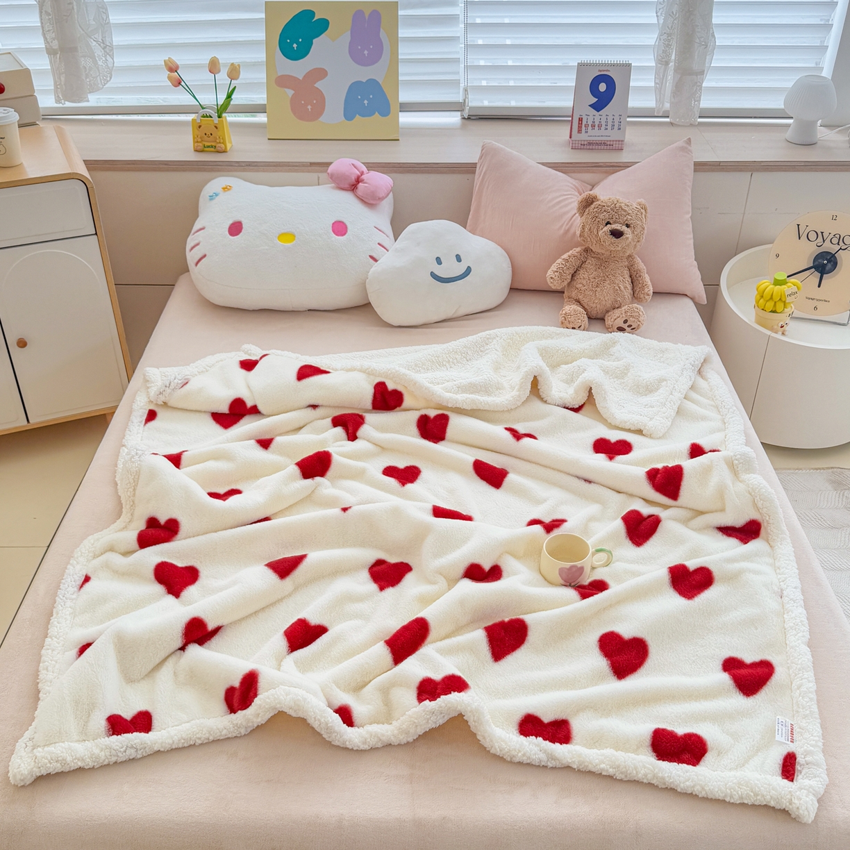 91家纺网 家纺一手货源 找家纺 KA家纺 2025新款兔毛绒毛毯 印花牛奶绒盖毯 多功能被套毯 兔绒毯 心心相印