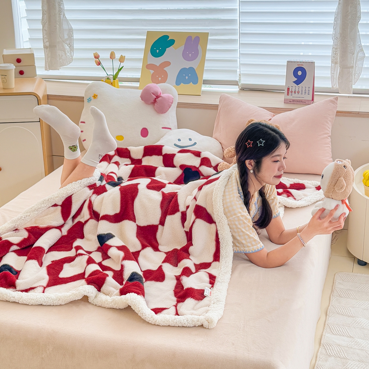 91家纺网 家纺一手货源 找家纺 KA家纺 2025新款兔毛绒毛毯 印花牛奶绒盖毯 多功能被套毯 兔绒毯 几何世界
