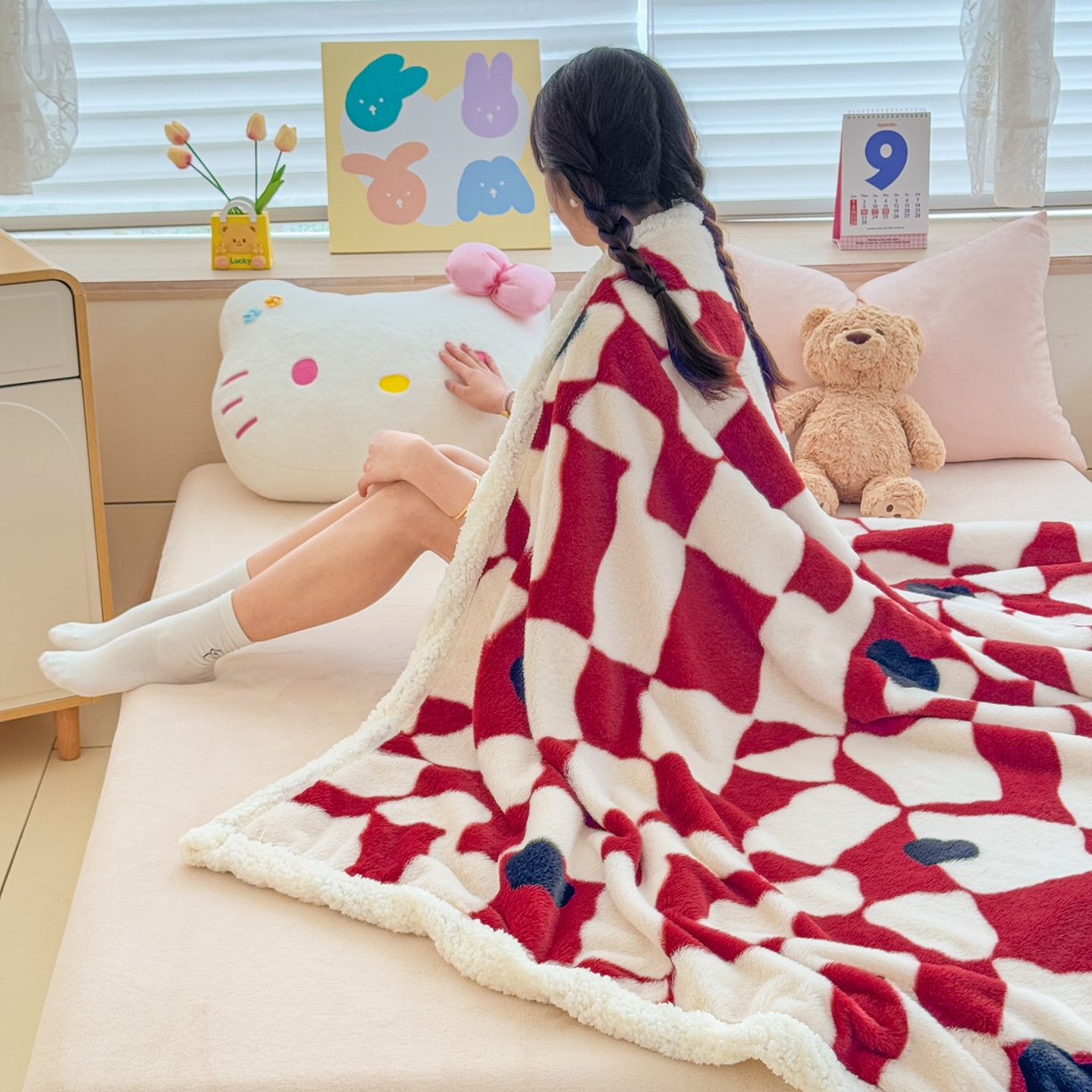 91家纺网 家纺一手货源 找家纺 KA家纺 2025新款兔毛绒毛毯 印花牛奶绒盖毯 多功能被套毯 兔绒毯 几何世界
