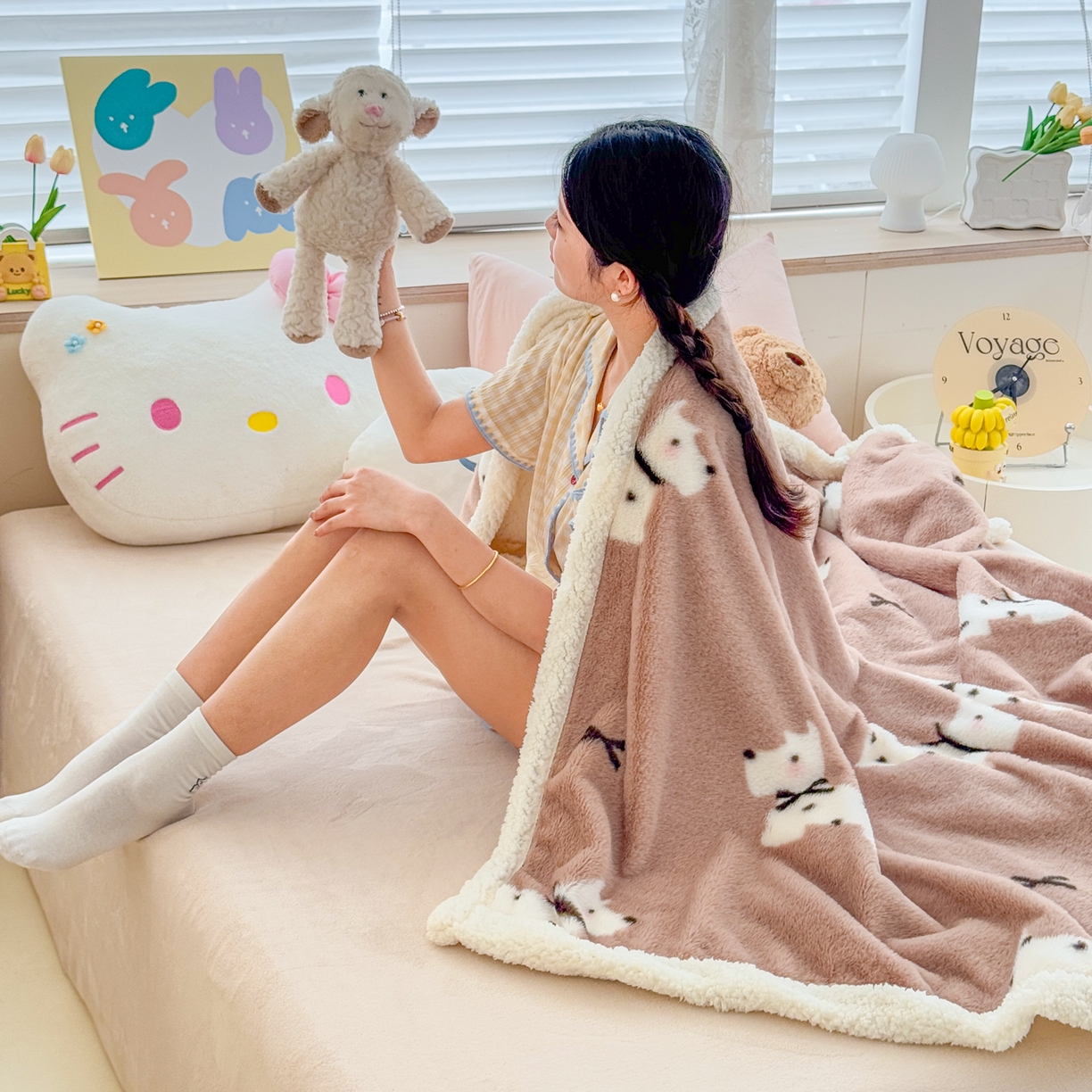 91家纺网 家纺一手货源 找家纺 KA家纺 2025新款兔毛绒毛毯 印花牛奶绒盖毯 多功能被套毯 兔绒毯 斑点狗