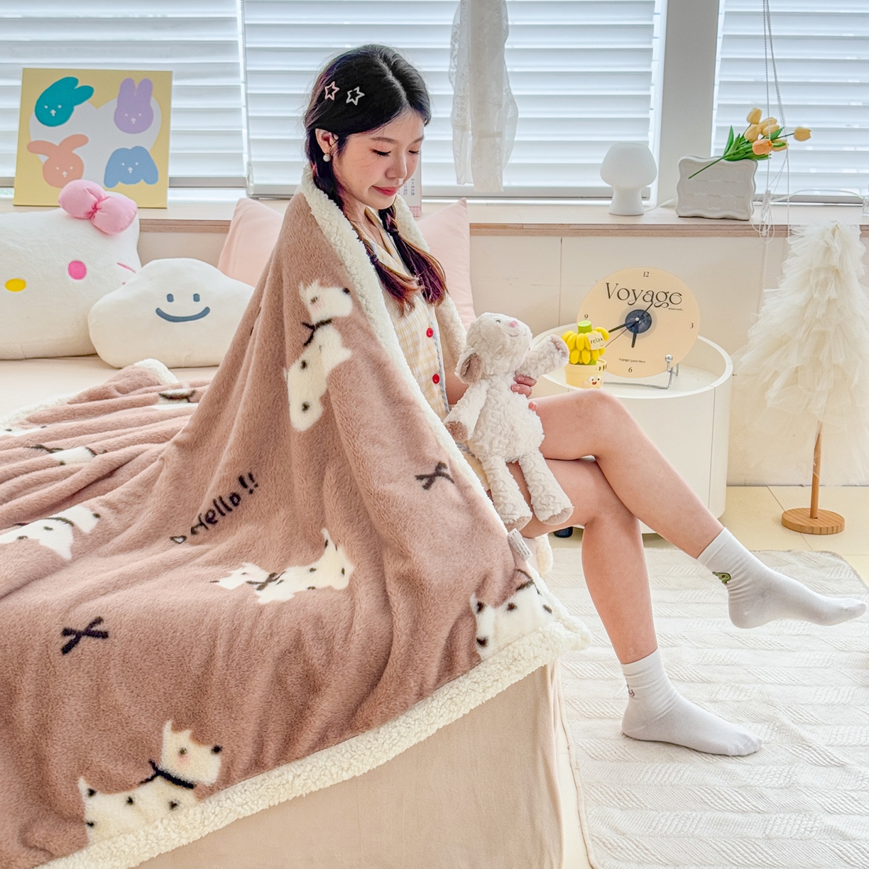 91家纺网 家纺一手货源 找家纺 KA家纺 2025新款兔毛绒毛毯 印花牛奶绒盖毯 多功能被套毯 兔绒毯 斑点狗