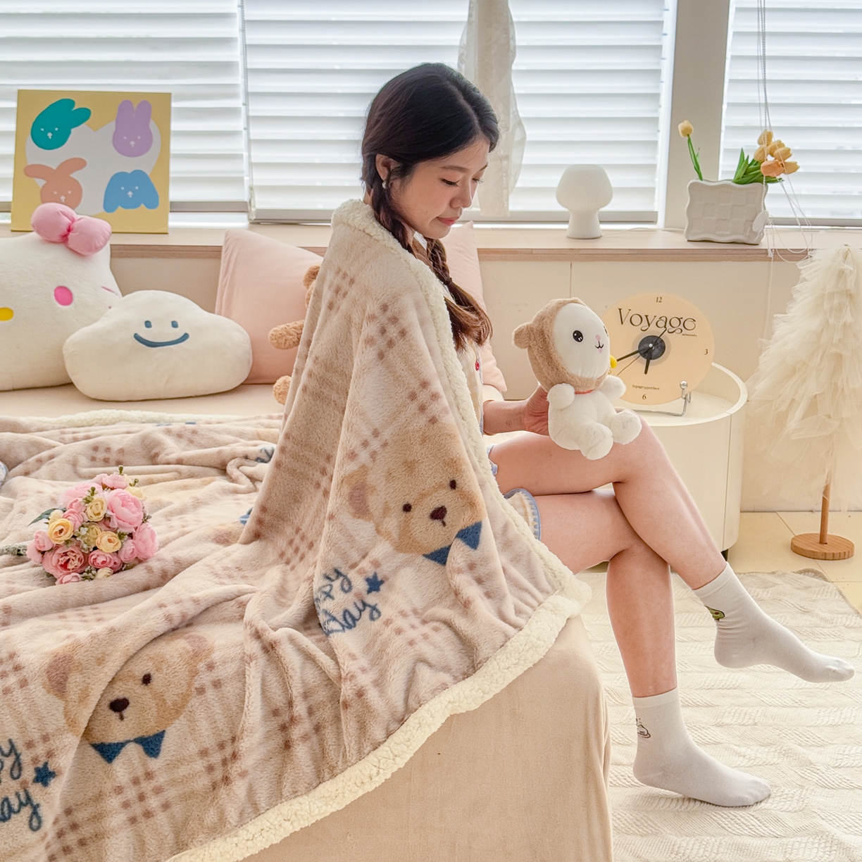 91家纺网 家纺一手货源 找家纺 KA家纺 2025新款兔毛绒毛毯 印花牛奶绒盖毯 多功能被套毯 兔绒毯 可爱熊宝