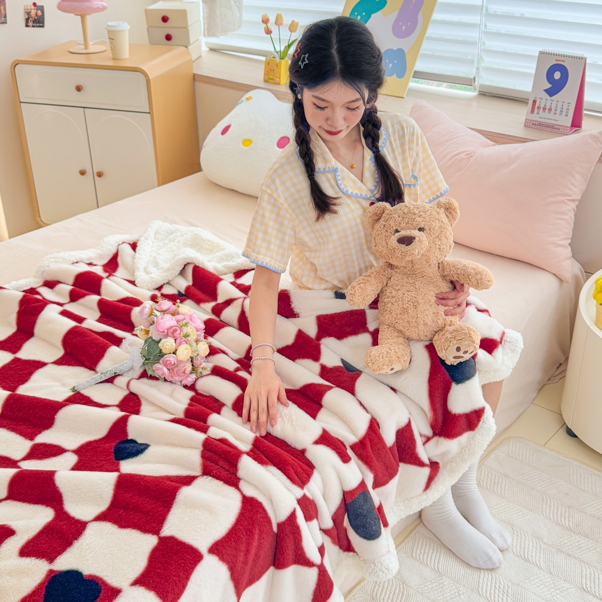 91家纺网 家纺一手货源 找家纺 KA家纺 2025新款兔毛绒毛毯 印花牛奶绒盖毯 多功能被套毯 兔绒毯 几何世界