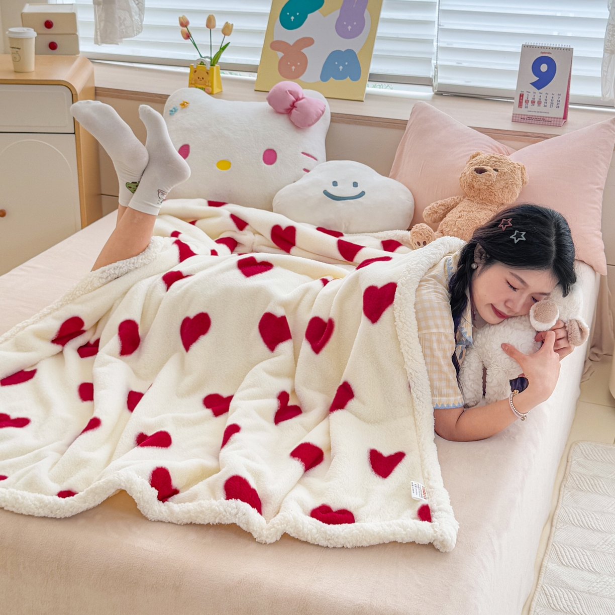 91家纺网 家纺一手货源 找家纺 KA家纺 2025新款兔毛绒毛毯 印花牛奶绒盖毯 多功能被套毯 兔绒毯 心心相印