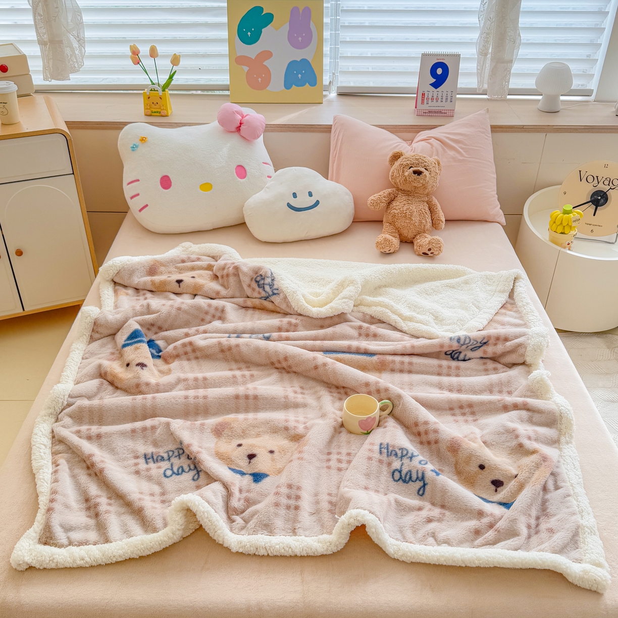 91家纺网 家纺一手货源 找家纺 KA家纺 2025新款兔毛绒毛毯 印花牛奶绒盖毯 多功能被套毯 兔绒毯 可爱熊宝