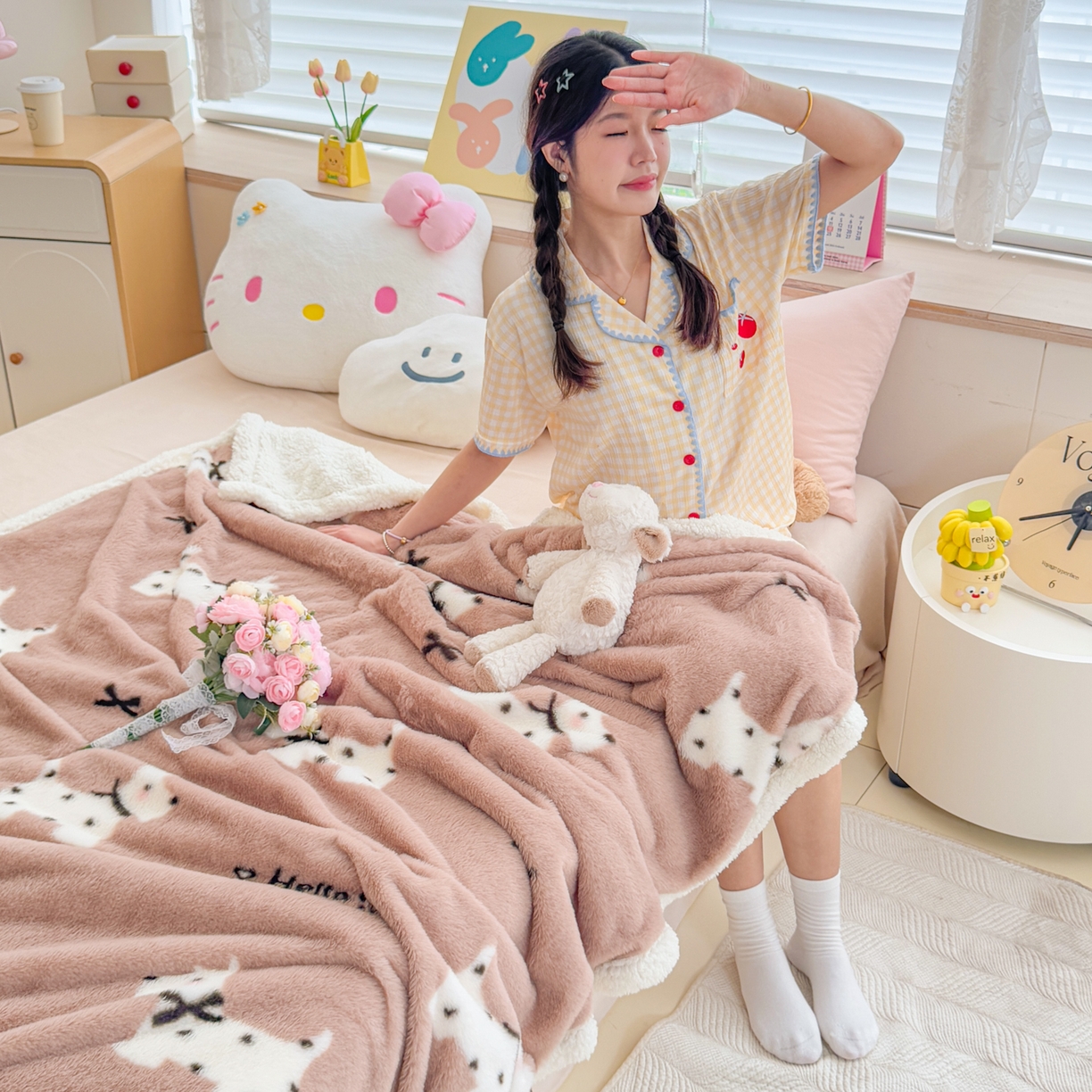 91家纺网 家纺一手货源 找家纺 KA家纺 2025新款兔毛绒毛毯 印花牛奶绒盖毯 多功能被套毯 兔绒毯 斑点狗