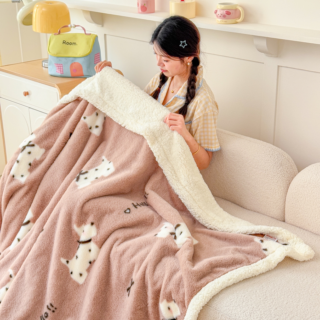 KA家纺 2025新款兔毛绒毛毯 印花牛奶绒盖毯 多功能被套毯 兔绒毯 斑点狗