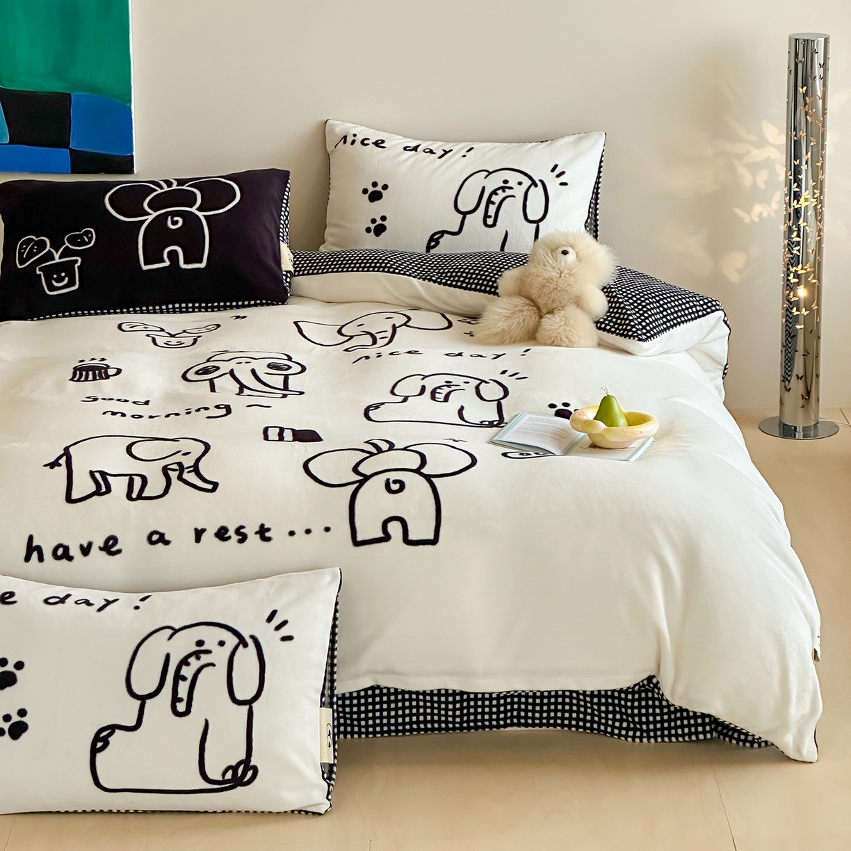 91家纺网 家纺一手货源 找家纺 桃子家居 2025新品A类ins博主大版卡通数码印花加厚牛奶绒系列四件套 绒大版-涂鸦象