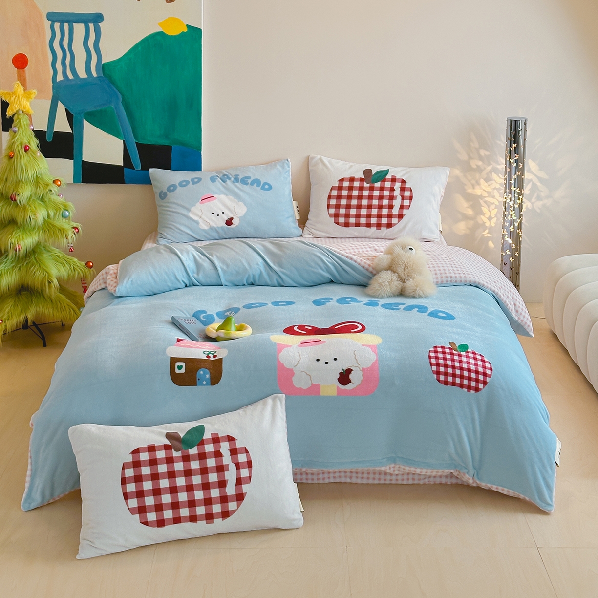 91家纺网 家纺一手货源 找家纺 桃子家居 2025新品A类ins博主大版卡通数码印花加厚牛奶绒系列四件套 绒大版-奶油甜心