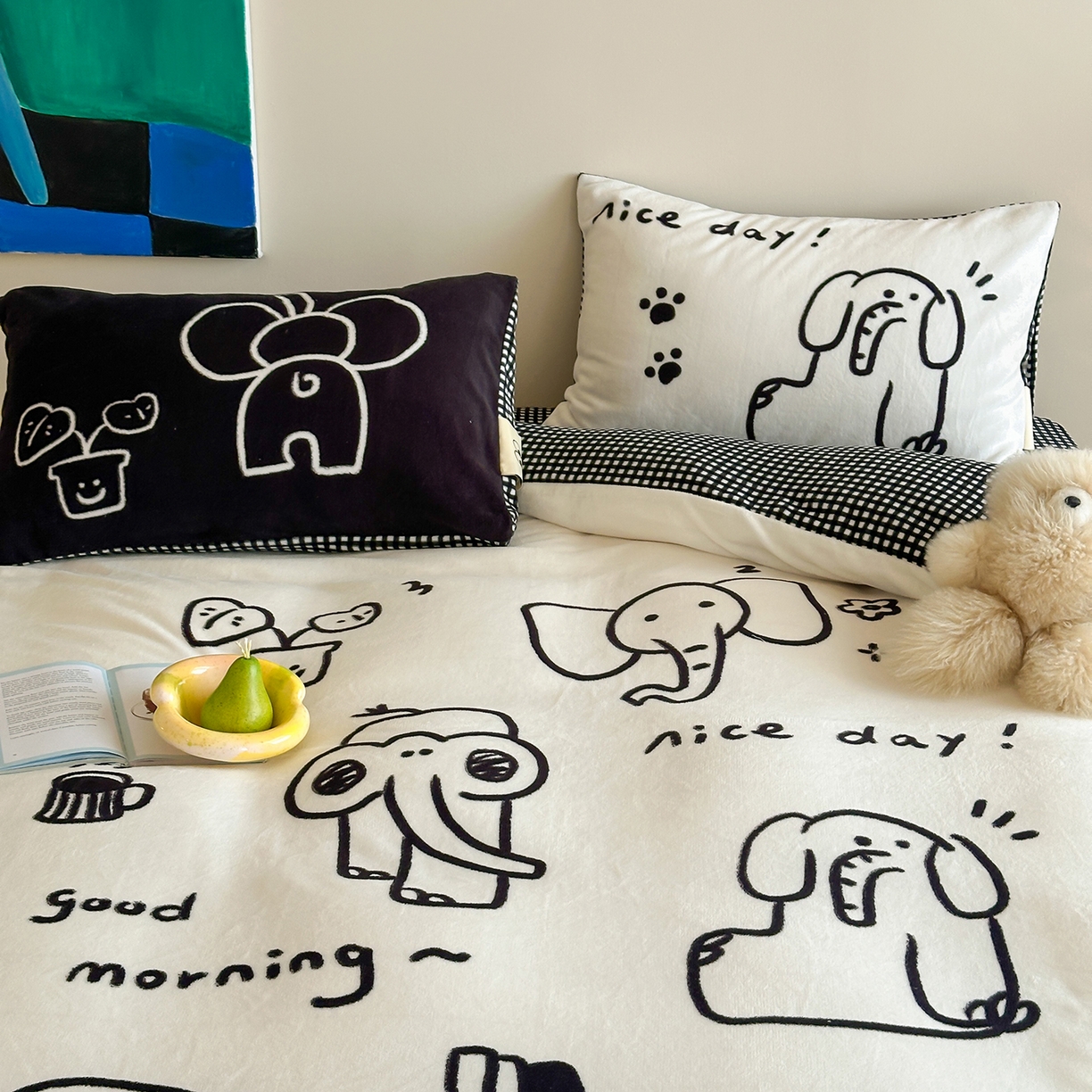 91家纺网 家纺一手货源 找家纺 桃子家居 2025新品A类ins博主大版卡通数码印花加厚牛奶绒系列四件套 绒大版-涂鸦象