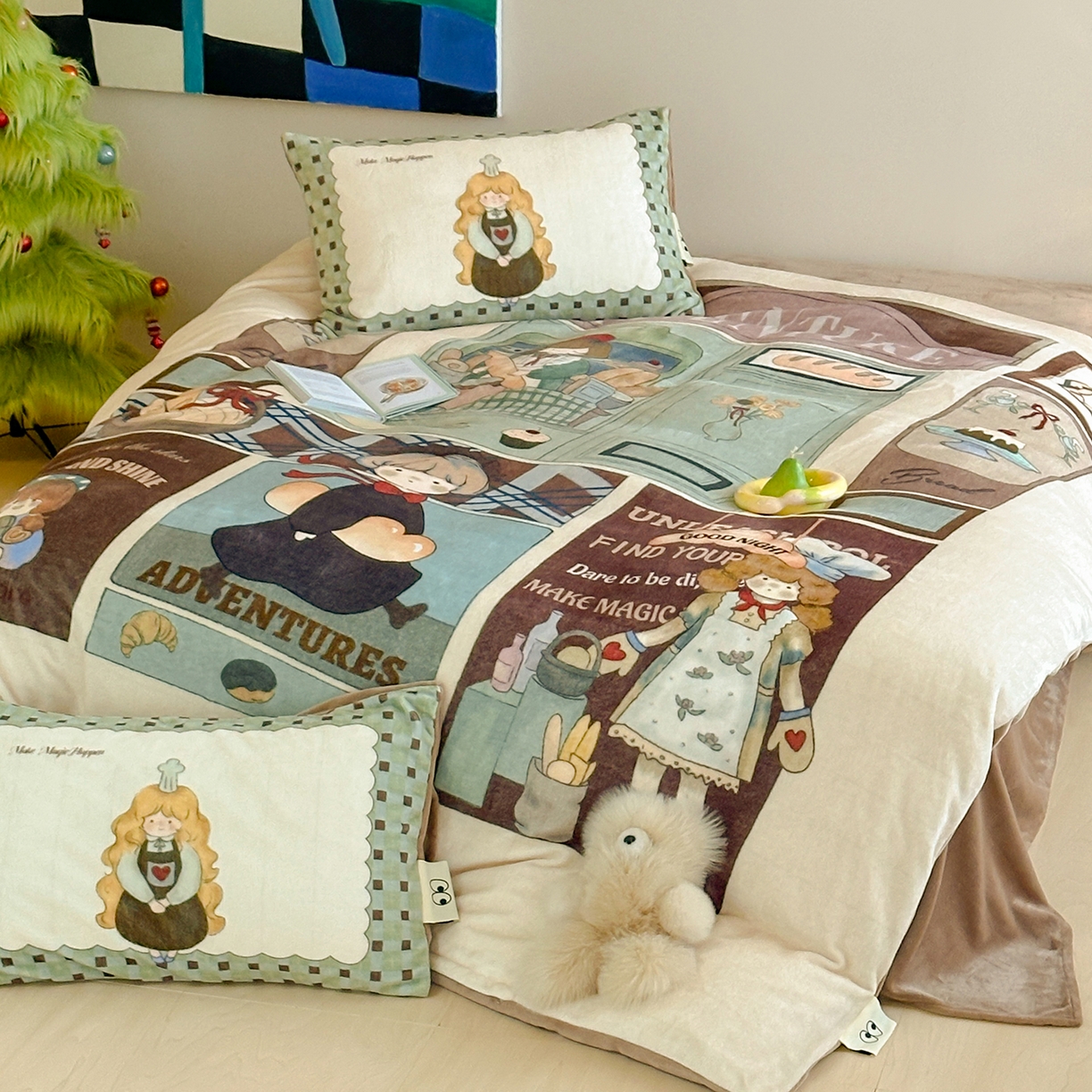 91家纺网 家纺一手货源 找家纺 桃子家居 2025新品A类ins博主大版卡通数码印花加厚牛奶绒系列四件套 绒大版-辛德女孩