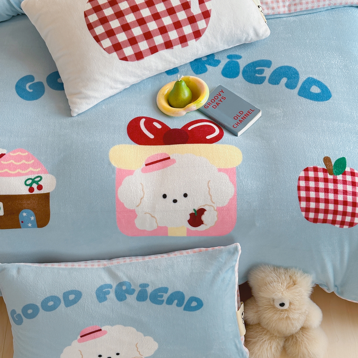 91家纺网 家纺一手货源 找家纺 桃子家居 2025新品A类ins博主大版卡通数码印花加厚牛奶绒系列四件套 绒大版-奶油甜心