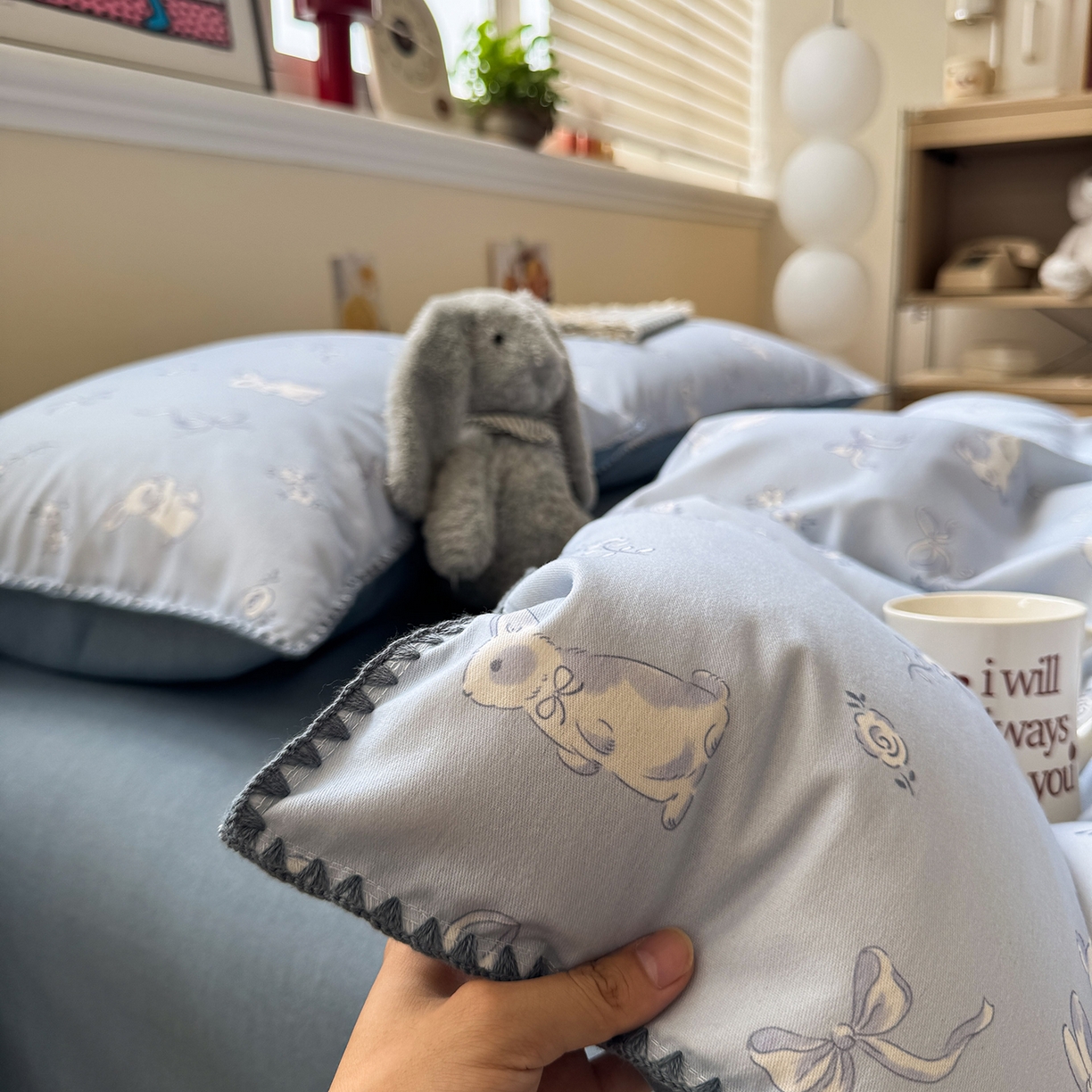 91家纺网 家纺一手货源 找家纺 慕尚家纺 2025新款磨毛三角针套件四件套 磨毛三角针-蝴蝶结兔