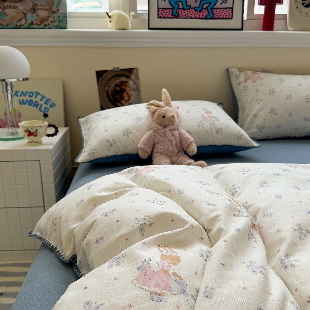 91家纺网 家纺一手货源 找家纺 慕尚家纺 2025新款磨毛三角针套件四件套 磨毛三角针-兔妈与兔宝