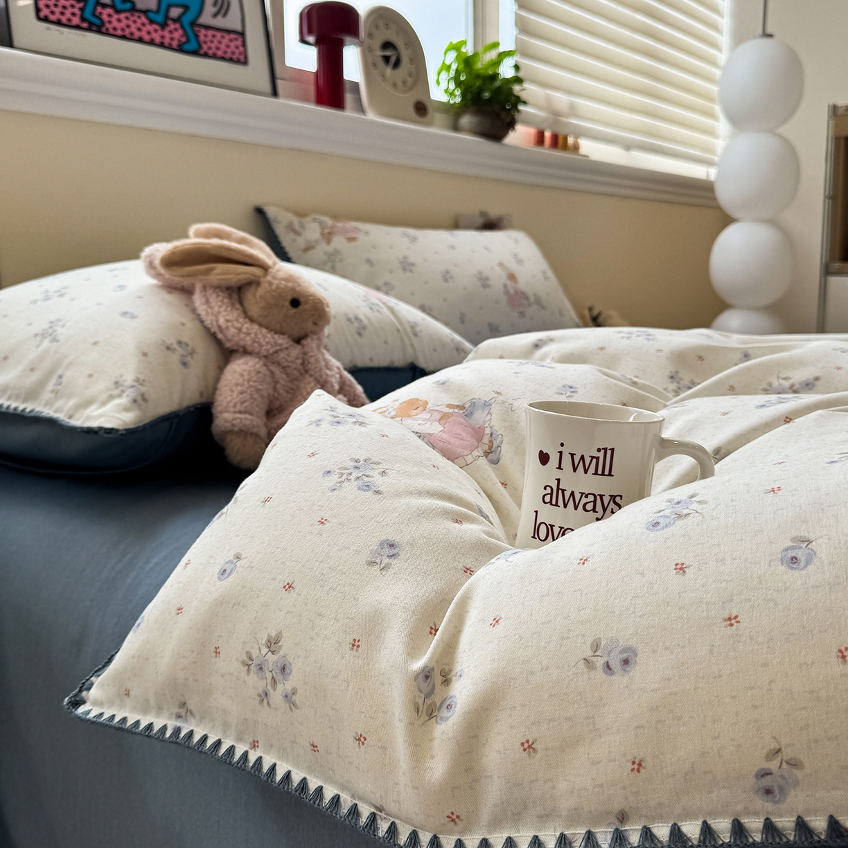 91家纺网 家纺一手货源 找家纺 慕尚家纺 2025新款磨毛三角针套件四件套 磨毛三角针-兔妈与兔宝