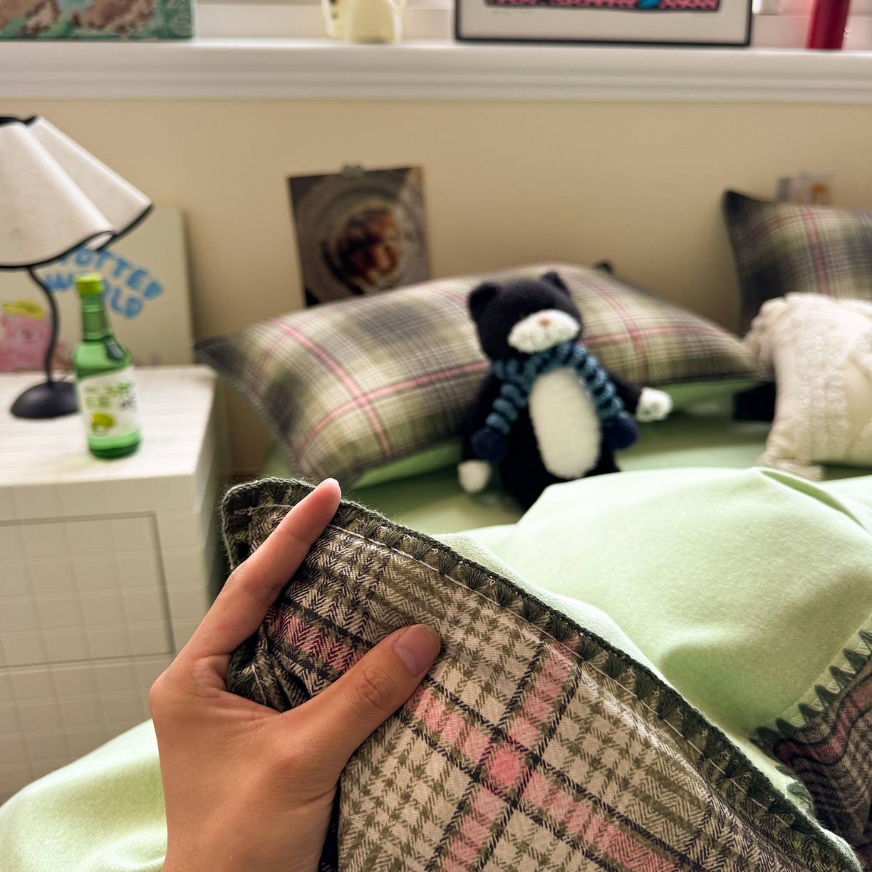 91家纺网 家纺一手货源 找家纺 慕尚家纺 2025新款磨毛三角针套件四件套 磨毛三角针-英式绿棕格