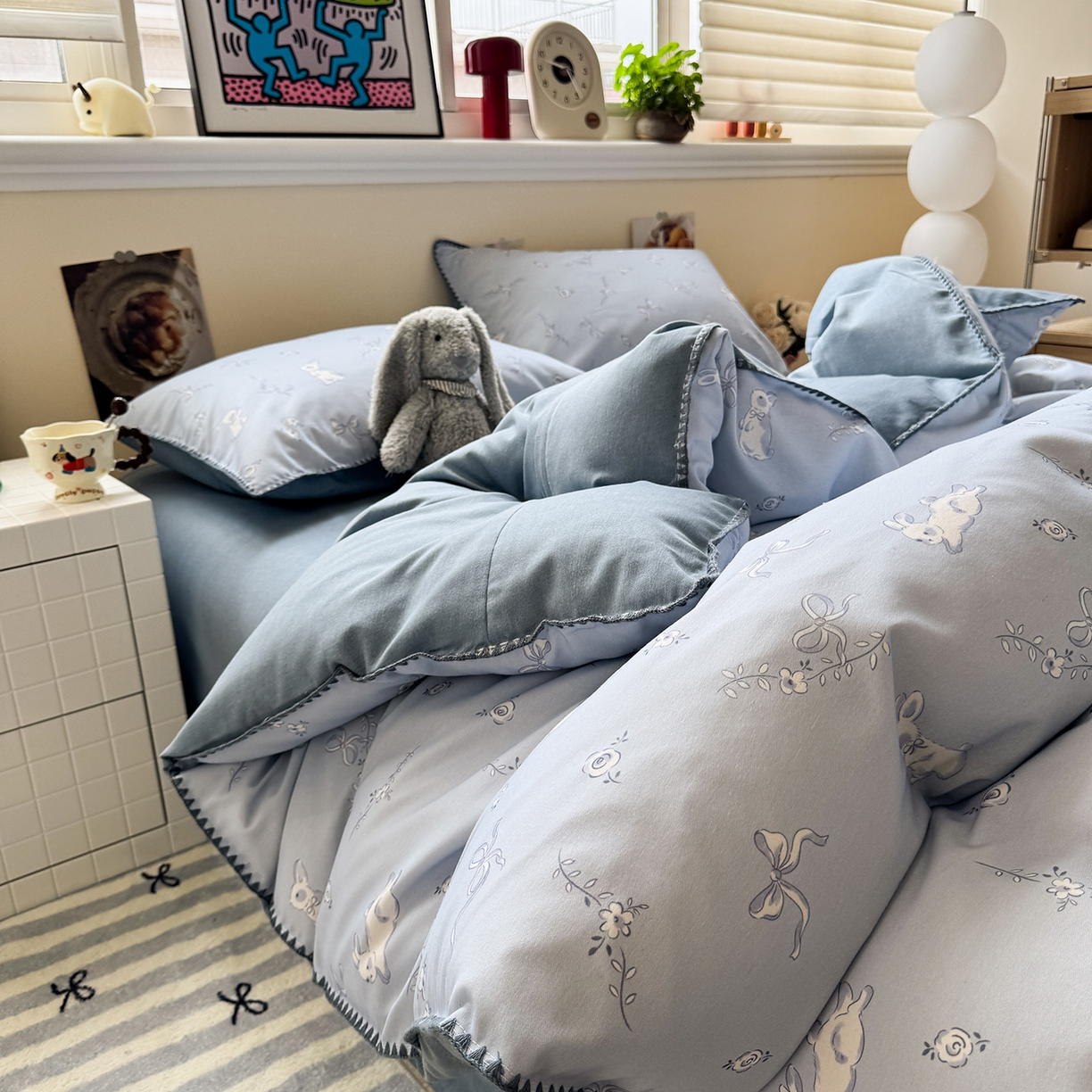 91家纺网 家纺一手货源 找家纺 慕尚家纺 2025新款磨毛三角针套件四件套 磨毛三角针-蝴蝶结兔