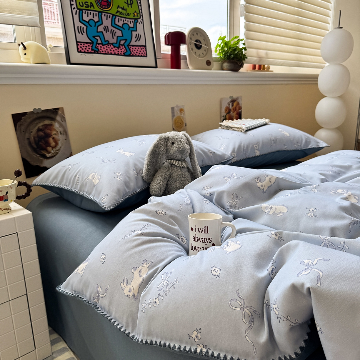 91家纺网 家纺一手货源 找家纺 慕尚家纺 2025新款磨毛三角针套件四件套 磨毛三角针-蝴蝶结兔