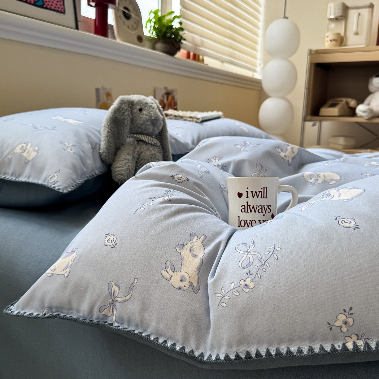 91家纺网 家纺一手货源 找家纺 慕尚家纺 2025新款磨毛三角针套件四件套 磨毛三角针-蝴蝶结兔