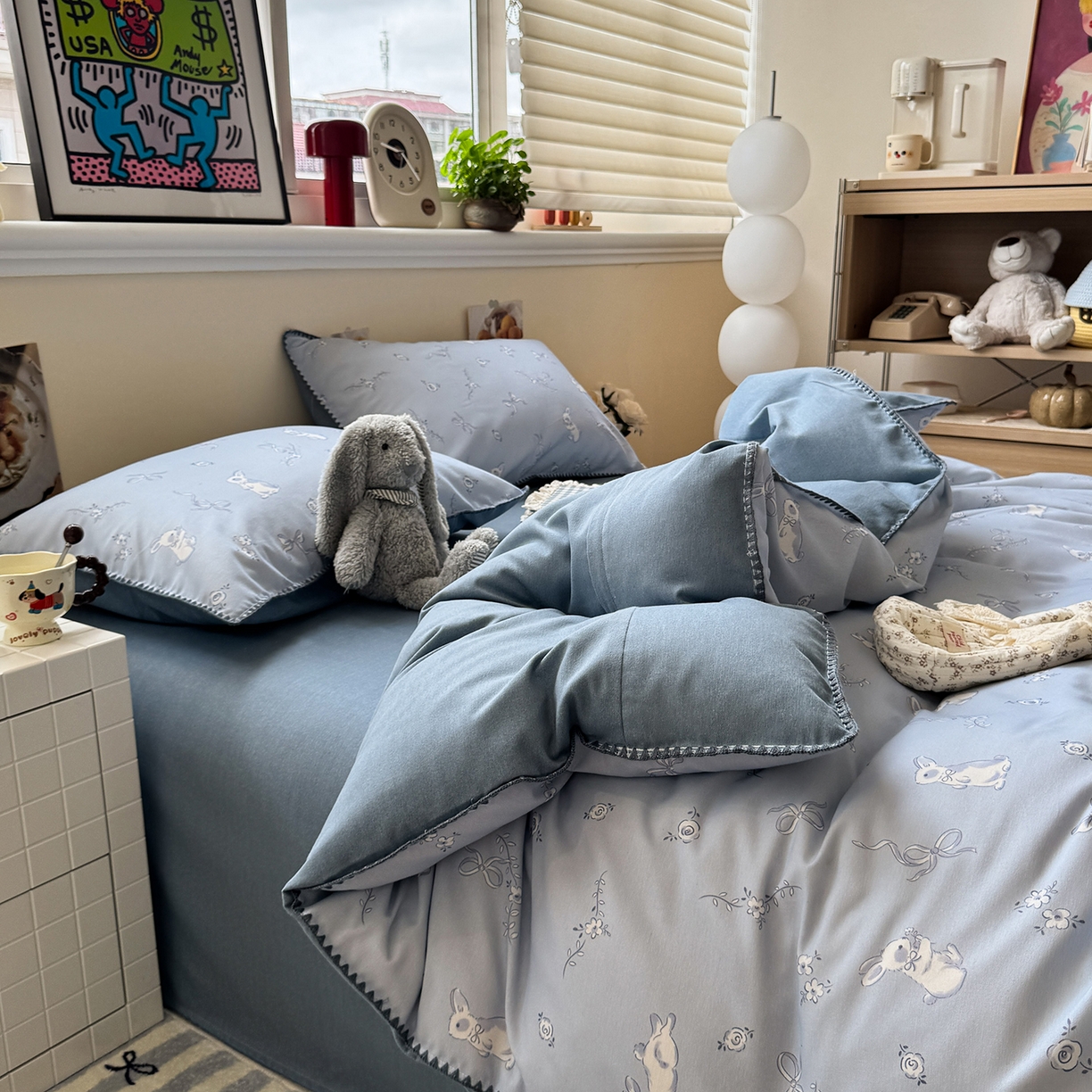 91家纺网 家纺一手货源 找家纺 慕尚家纺 2025新款磨毛三角针套件四件套 磨毛三角针-蝴蝶结兔