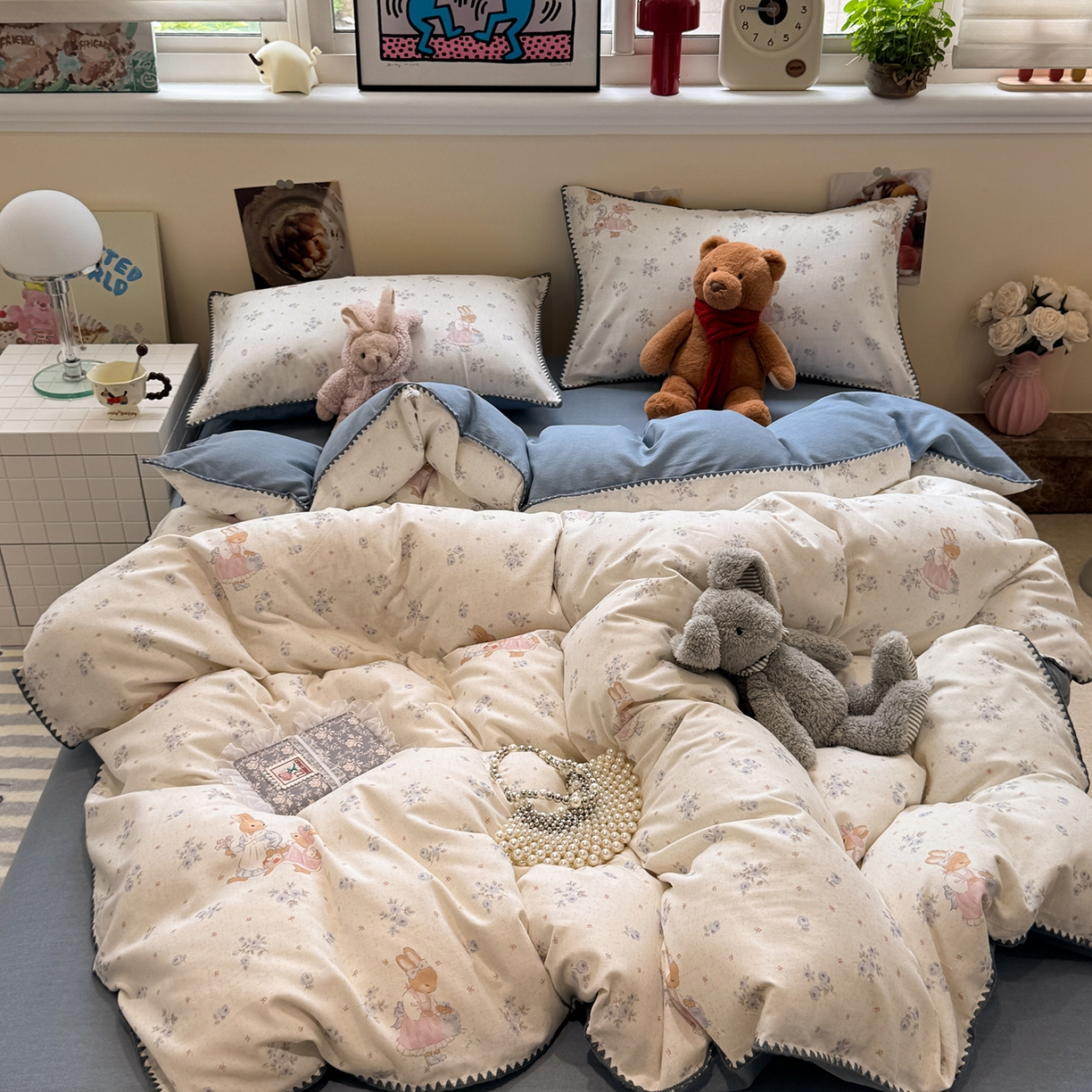 91家纺网 家纺一手货源 找家纺 慕尚家纺 2025新款磨毛三角针套件四件套 磨毛三角针-兔妈与兔宝