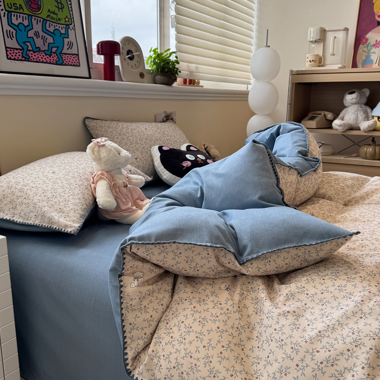 91家纺网 家纺一手货源 找家纺 慕尚家纺 2025新款磨毛三角针套件四件套 磨毛三角针-花朵熊