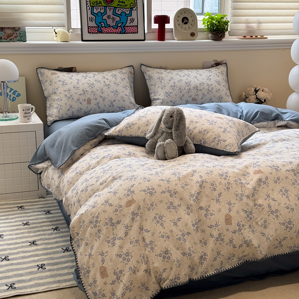 91家纺网 家纺一手货源 找家纺 慕尚家纺 2025新款磨毛三角针套件四件套 磨毛三角针-呆萌兔