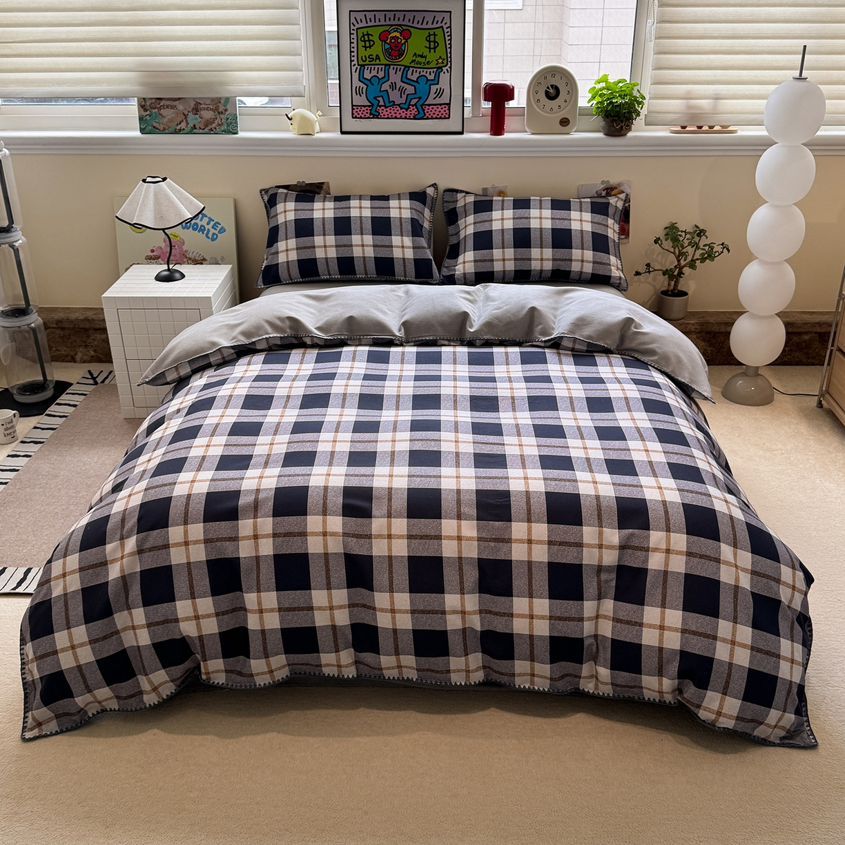 慕尚家纺 2025新款磨毛三角针套件四件套 磨毛三角针-英式黑灰格