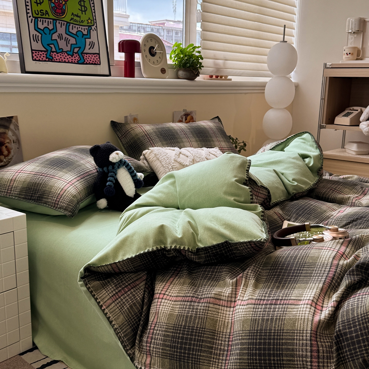 91家纺网 家纺一手货源 找家纺 慕尚家纺 2025新款磨毛三角针套件四件套 磨毛三角针-英式绿棕格