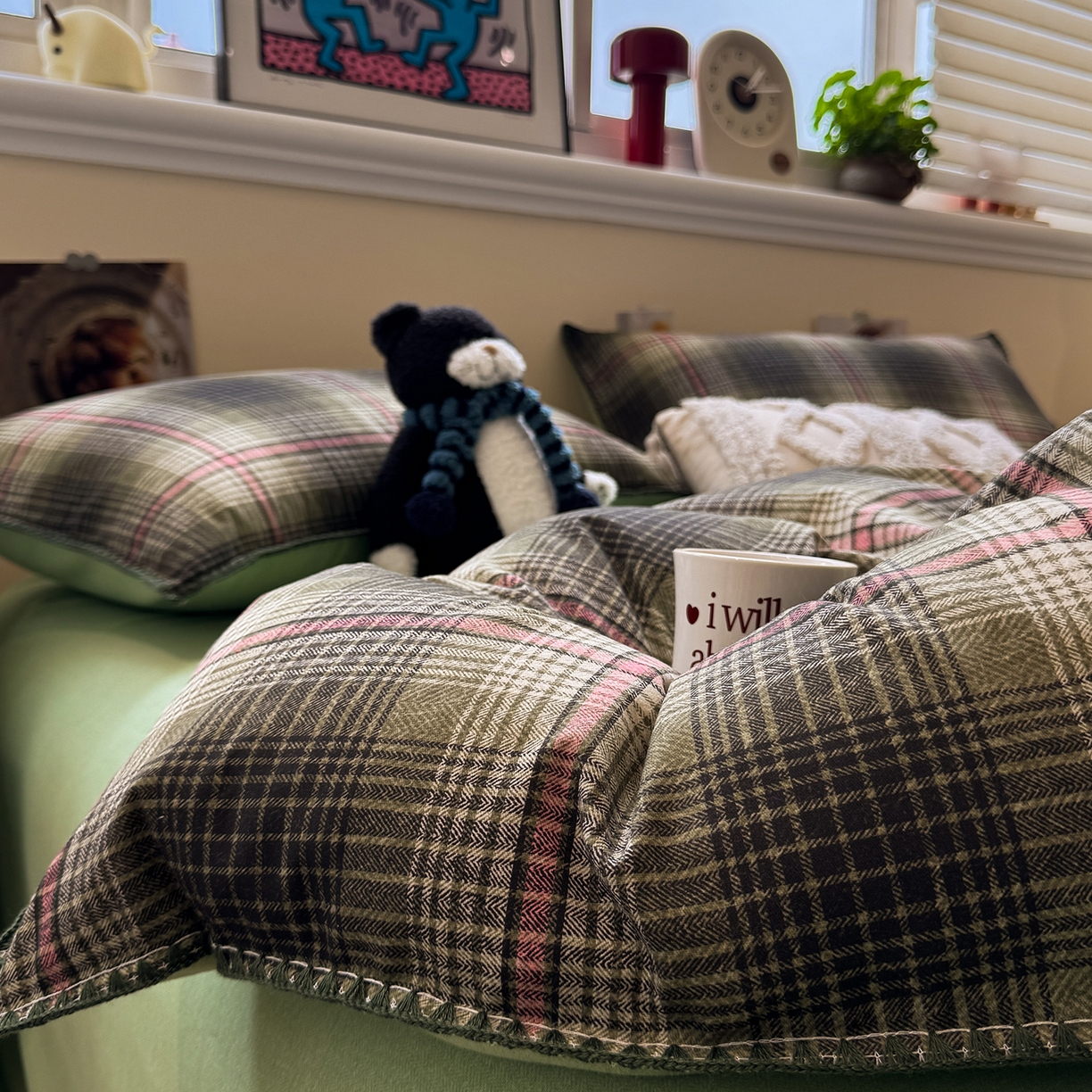 91家纺网 家纺一手货源 找家纺 慕尚家纺 2025新款磨毛三角针套件四件套 磨毛三角针-英式绿棕格