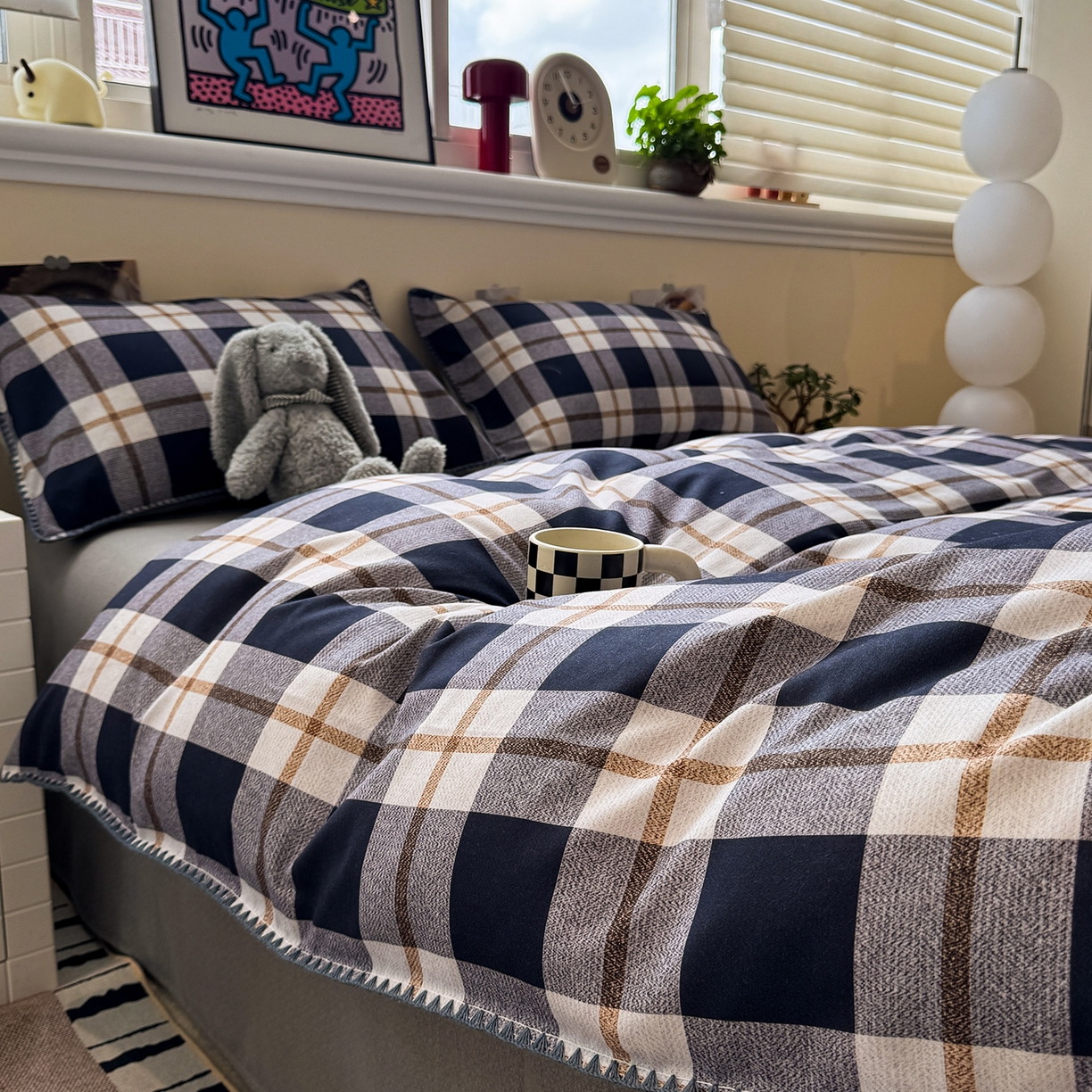 91家纺网 家纺一手货源 找家纺 慕尚家纺 2025新款磨毛三角针套件四件套 磨毛三角针-英式黑灰格