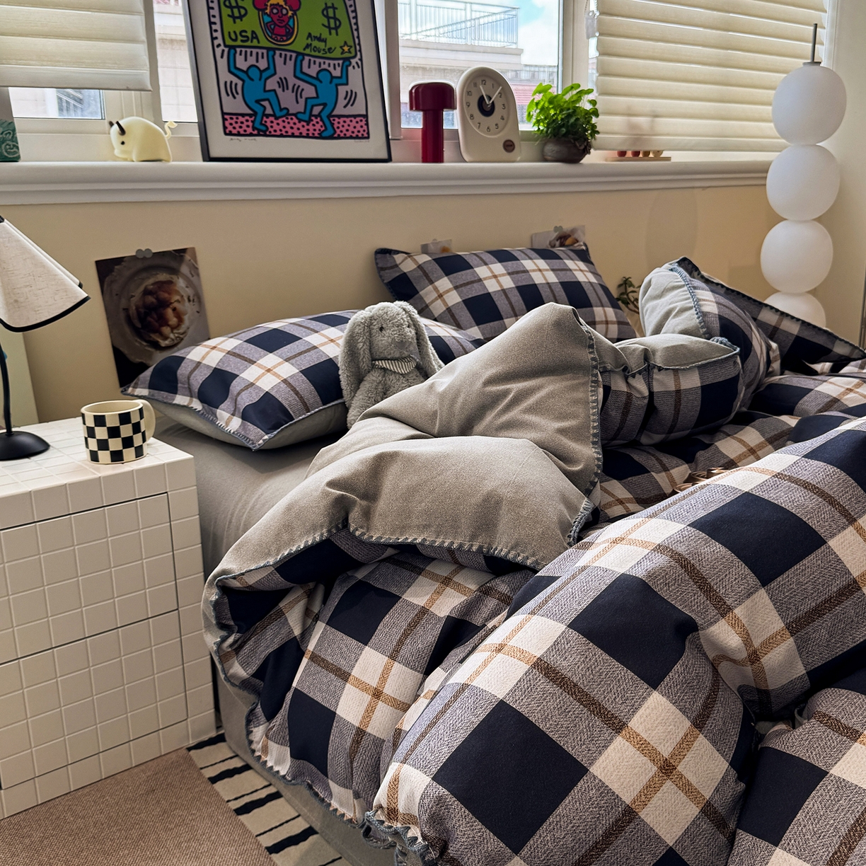 91家纺网 家纺一手货源 找家纺 慕尚家纺 2025新款磨毛三角针套件四件套 磨毛三角针-英式黑灰格