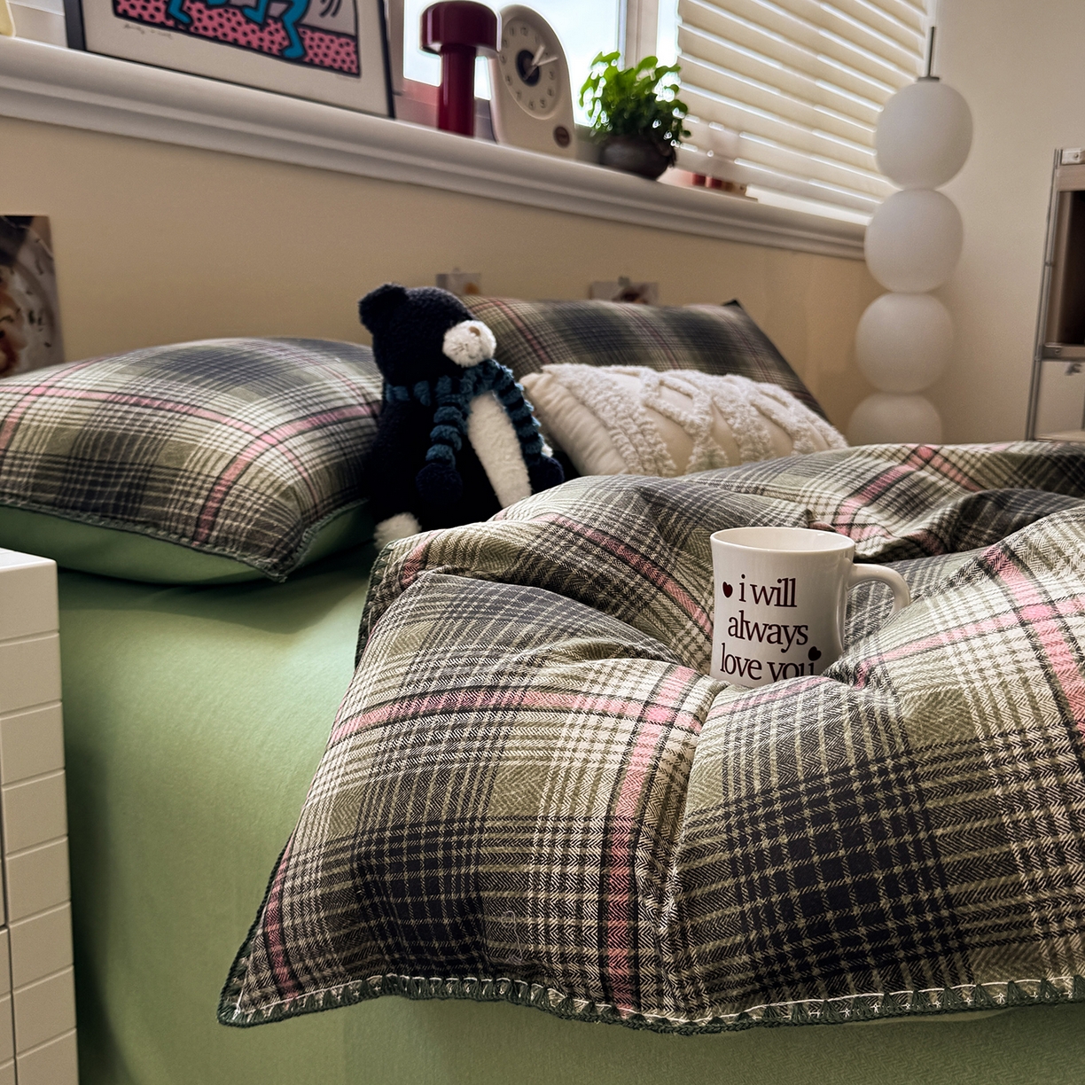 91家纺网 家纺一手货源 找家纺 慕尚家纺 2025新款磨毛三角针套件四件套 磨毛三角针-英式绿棕格