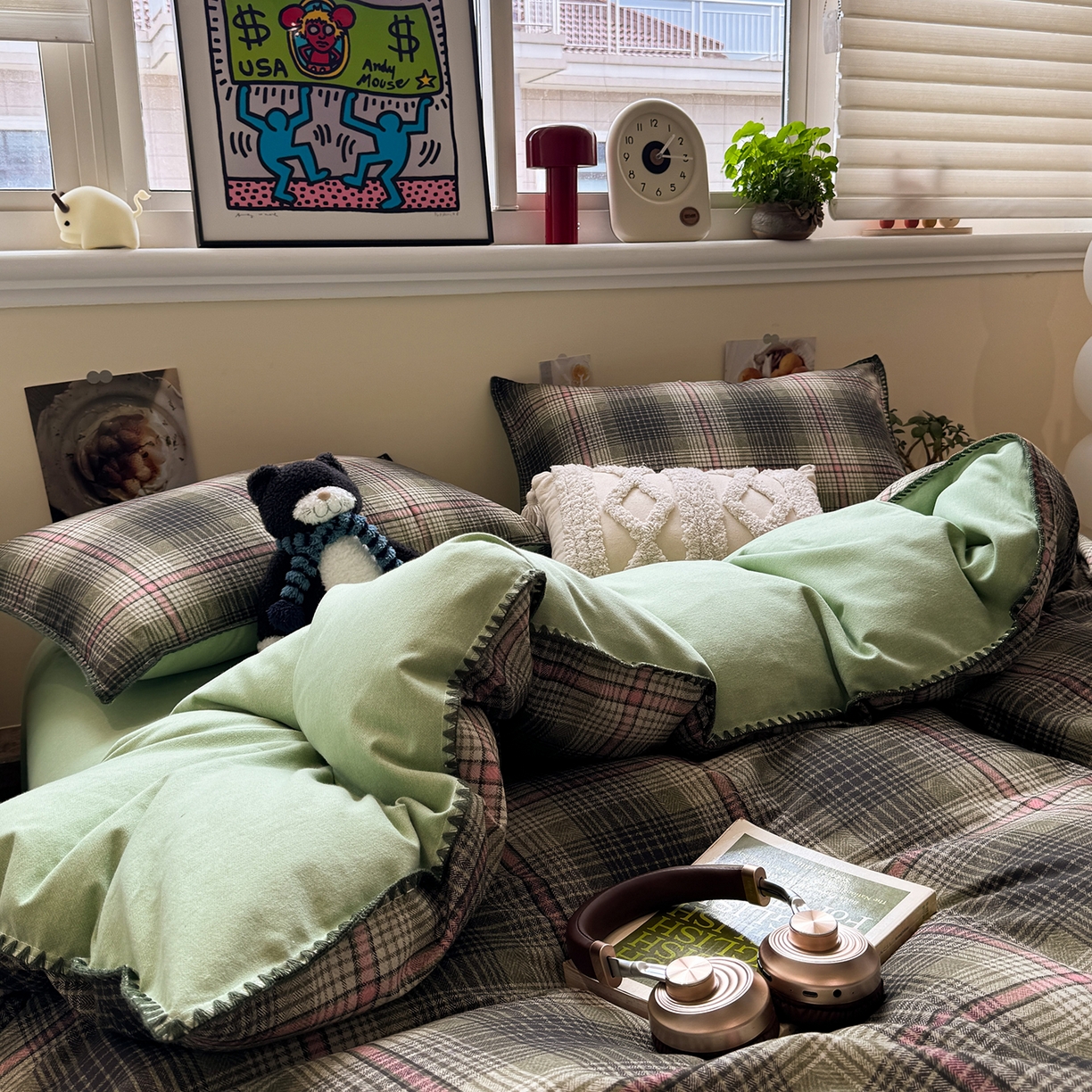 91家纺网 家纺一手货源 找家纺 慕尚家纺 2025新款磨毛三角针套件四件套 磨毛三角针-英式绿棕格