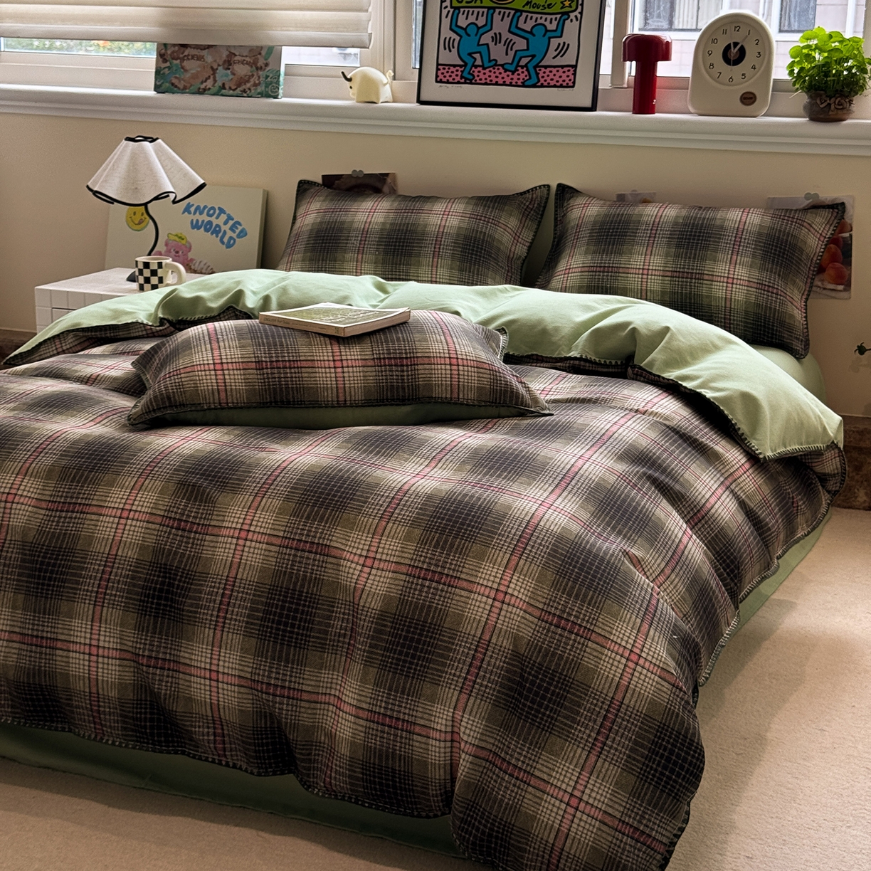 91家纺网 家纺一手货源 找家纺 慕尚家纺 2025新款磨毛三角针套件四件套 磨毛三角针-英式绿棕格