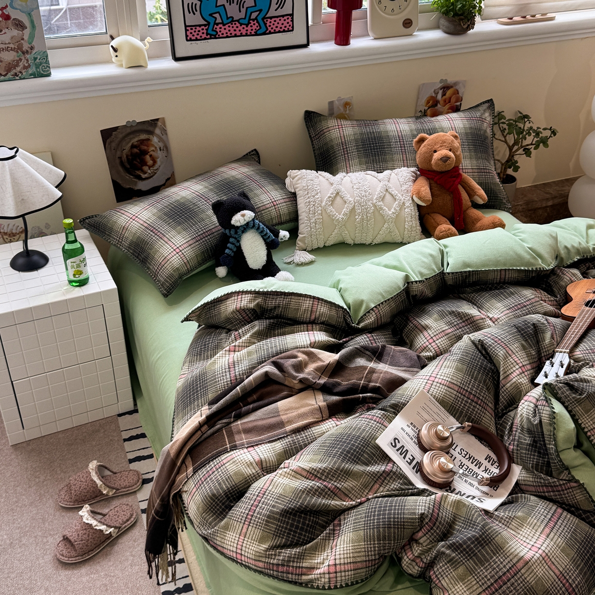 91家纺网 家纺一手货源 找家纺 慕尚家纺 2025新款磨毛三角针套件四件套 磨毛三角针-英式绿棕格