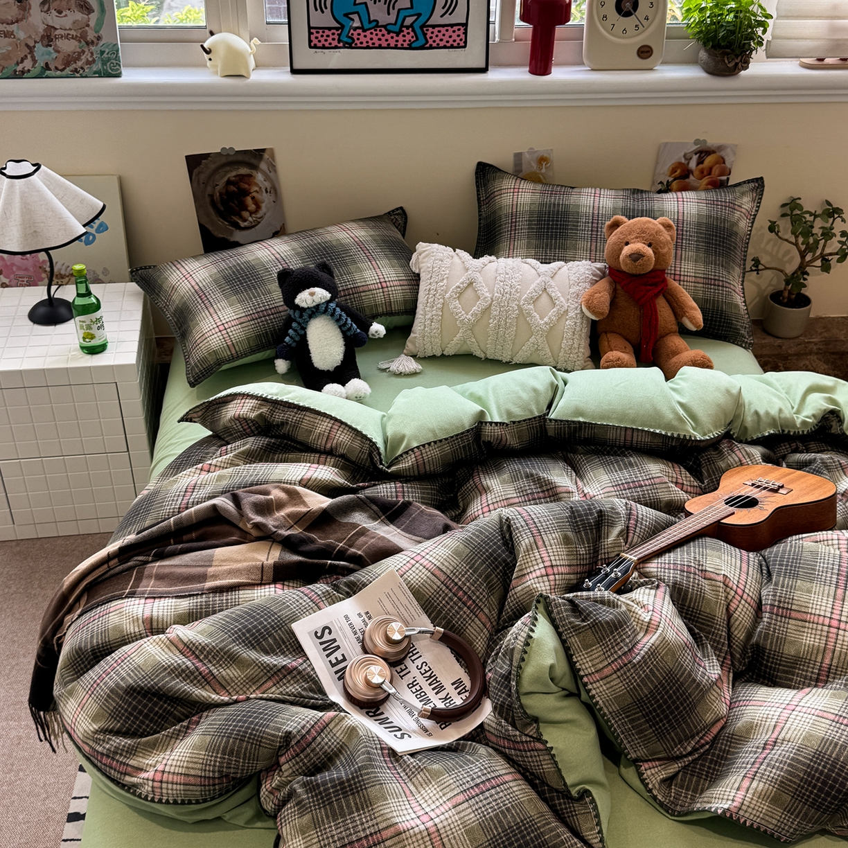 91家纺网 家纺一手货源 找家纺 慕尚家纺 2025新款磨毛三角针套件四件套 磨毛三角针-英式绿棕格