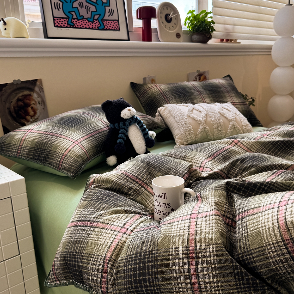 91家纺网 家纺一手货源 找家纺 慕尚家纺 2025新款磨毛三角针套件四件套 磨毛三角针-英式绿棕格