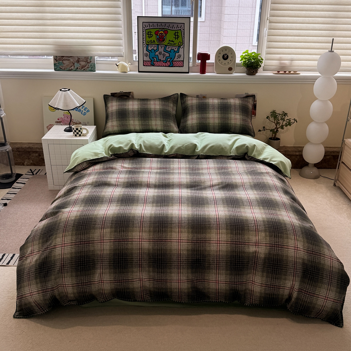 慕尚家纺 2025新款磨毛三角针套件四件套 磨毛三角针-英式绿棕格