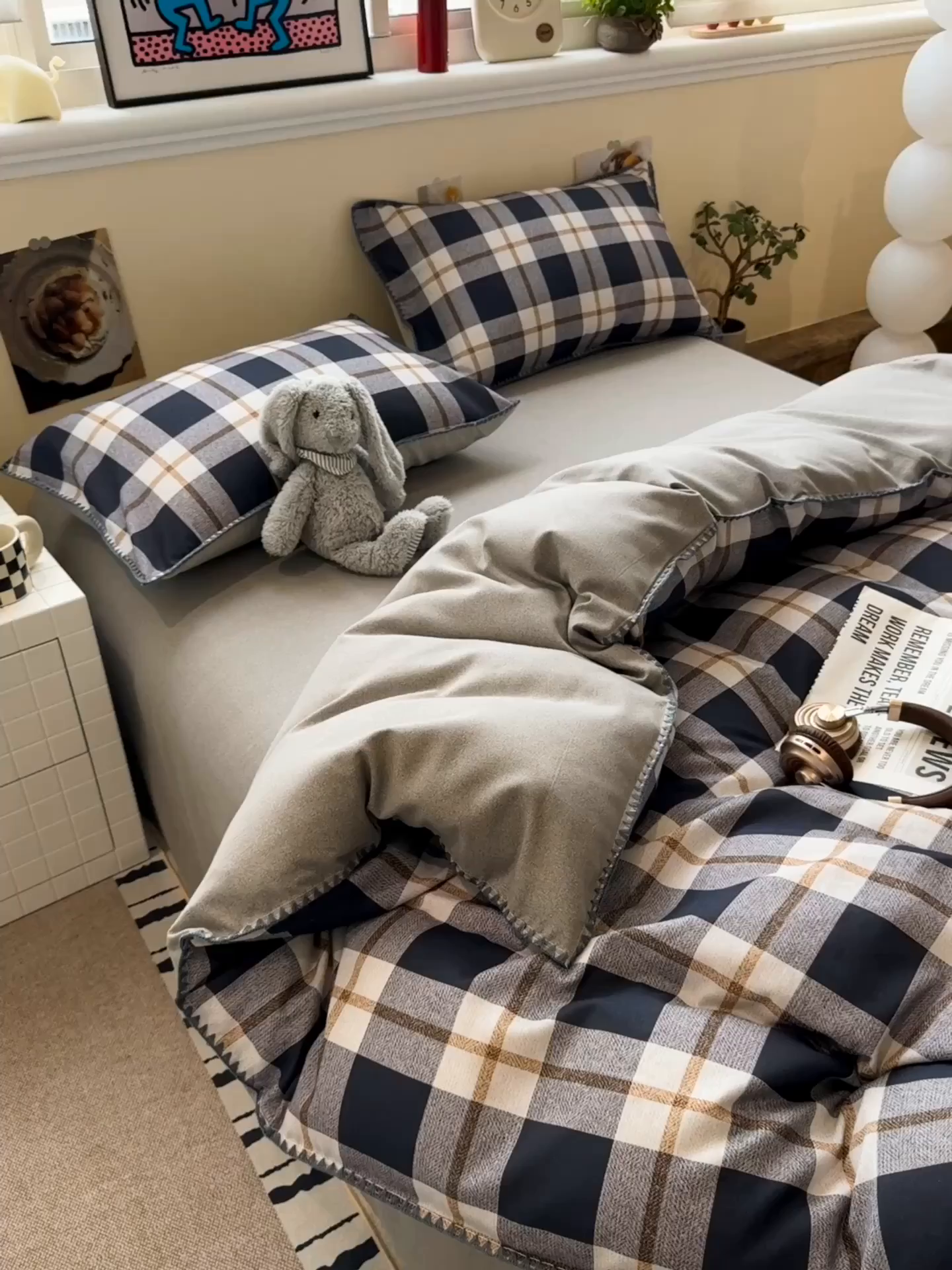 91家纺网 家纺一手货源 找家纺 慕尚家纺 2025新款磨毛三角针套件四件套 磨毛三角针-英式黑灰格